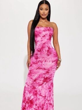 Fashion Nova Pink Tie-Dye Strapless Bodycon Maxi Dress
